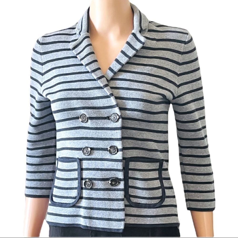 LOFT Gray/Blue Stripe Double Breasted Knit Jacket Sz SP